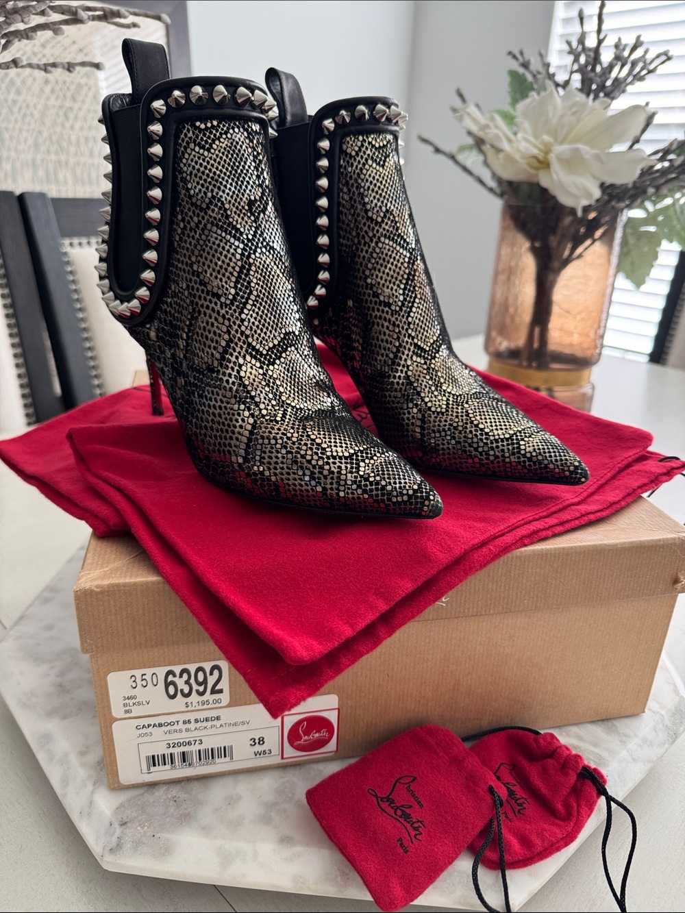 Christian Louboutin Black & Gold Snakeskin Studded Pointed Booties
